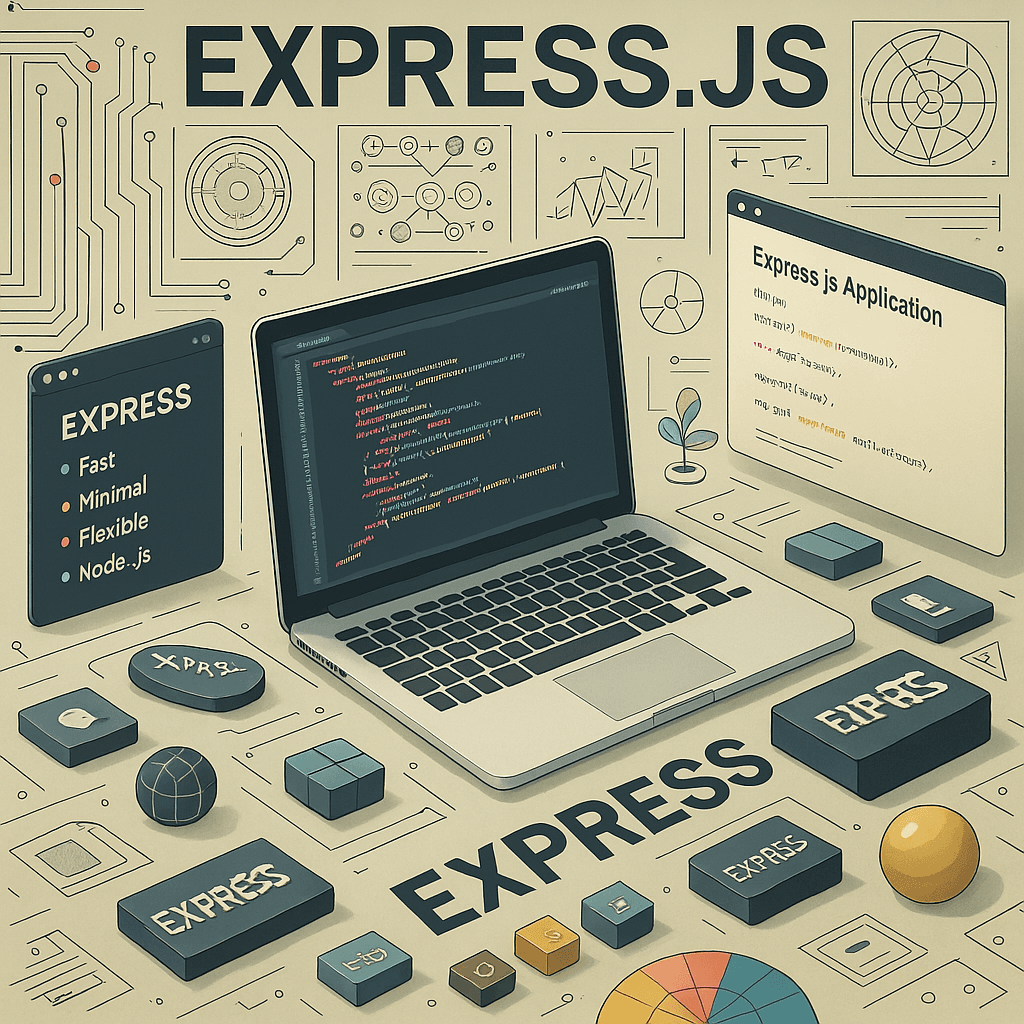 A laptop showing lines of code is centrally positioned, suggesting a development environment.