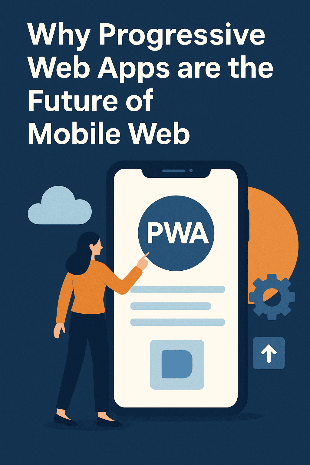A flat-style digital illustration featuring a woman pointing at a large smartphone screen displaying "PWA" (Progressive Web App) in bold letters.