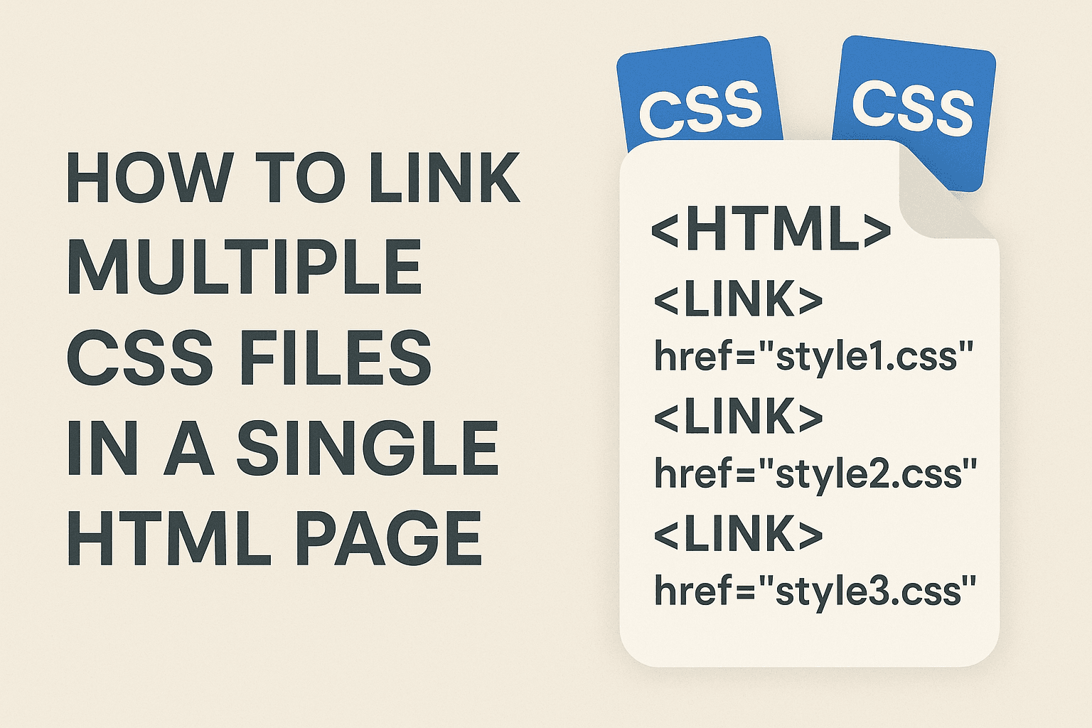 Graphic showing the title 'How to Link Multiple CSS Files in a Single HTML Page' beside an HTML document illustration with three <link> tags linking to style1.css, style2.css, and style3.css, with two CSS icons above the document.