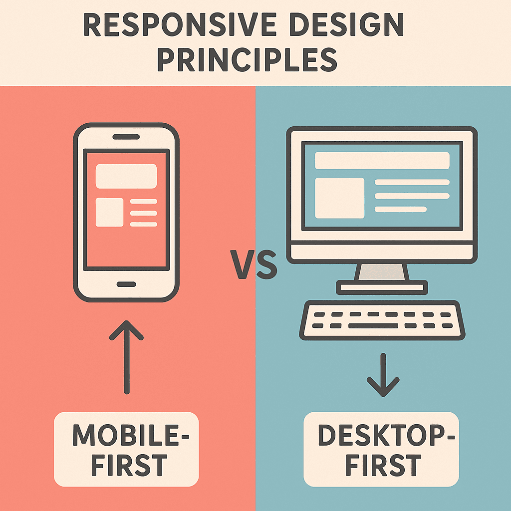 Illustration comparing responsive design principles: "Mobile-First" on the left with a smartphone icon and "Desktop-First" on the right with a desktop computer icon.